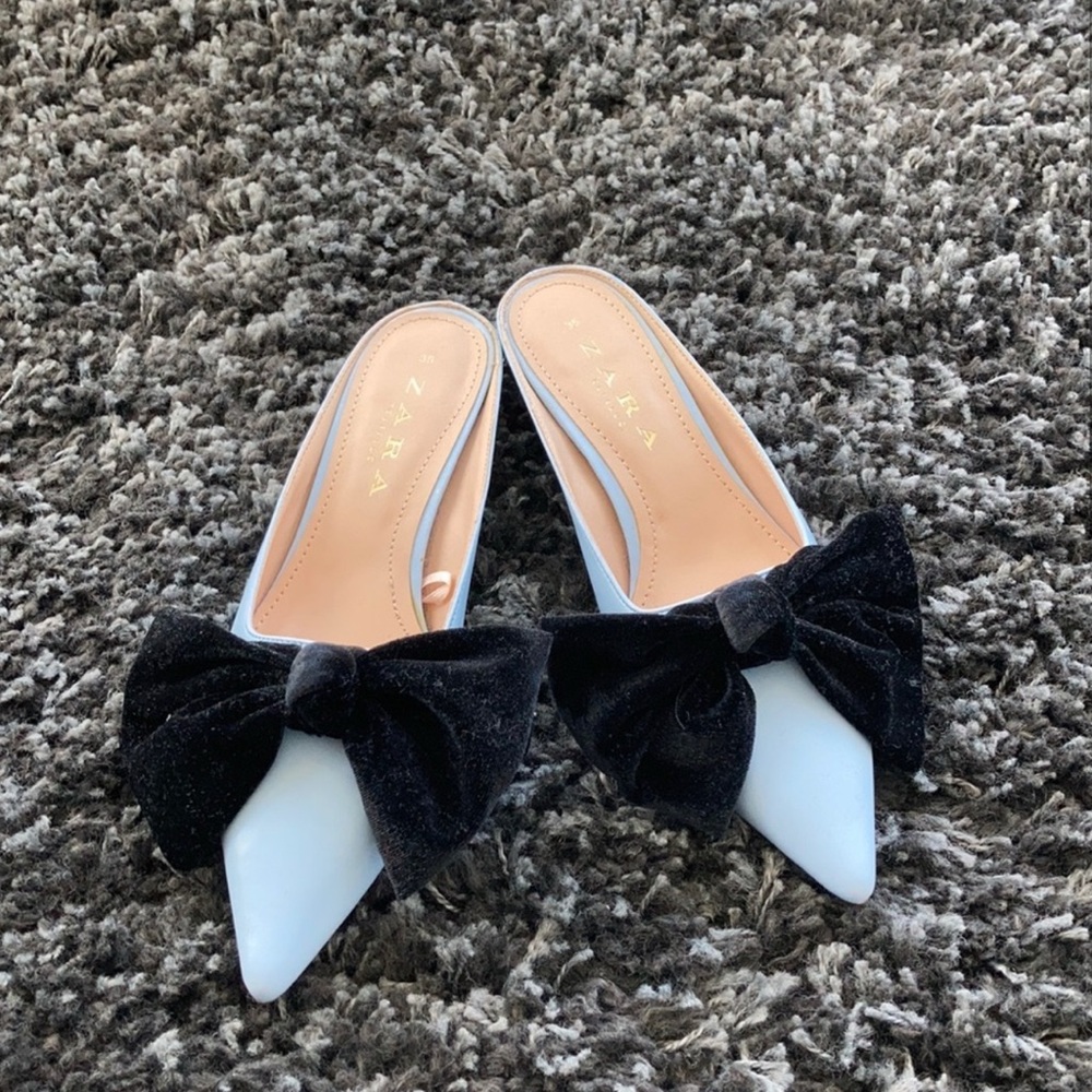 Zara Velvet Bow Kitten Heel Mules Baby Blue